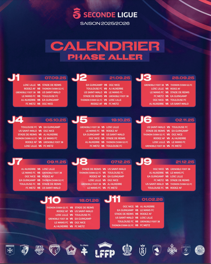 Seconde Ligue - Le calendrier connu : REIMS débute à LILLE, AUXERRE face à GUINGAMP