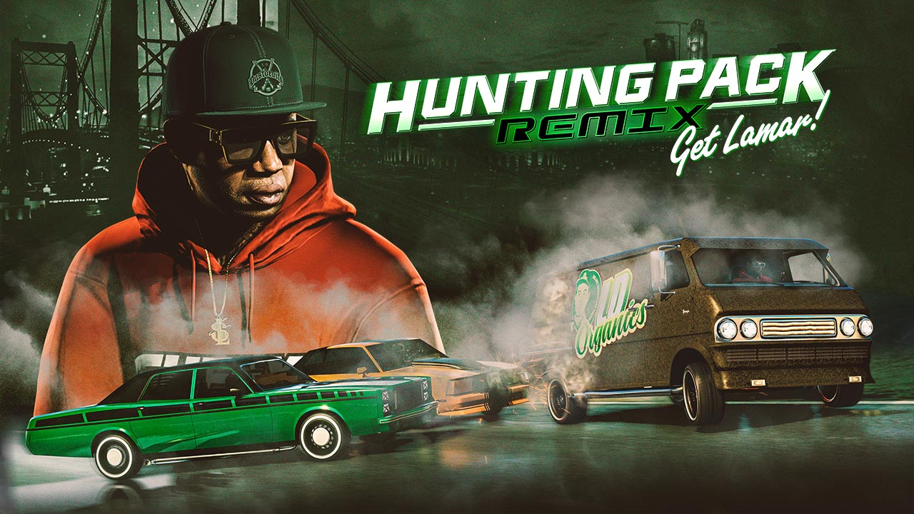 Image promotionnelle du mode rivalité Convoi explosif (Lamar) dans GTA Online. Sont présents sur l'image : Le personnage Lamar Davis de GTA 5, sa camionnette, deux voitures lowriders avec pour toile de fond, la ville de Los Santos.