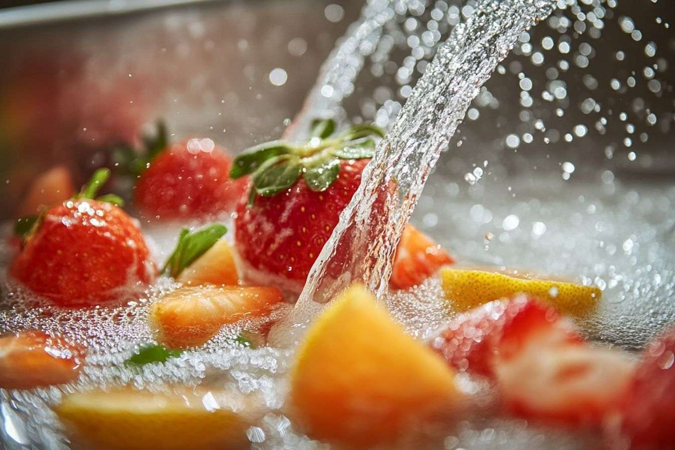Image d'illustration. Gros plan de fruits frais sous un filet d eau claire