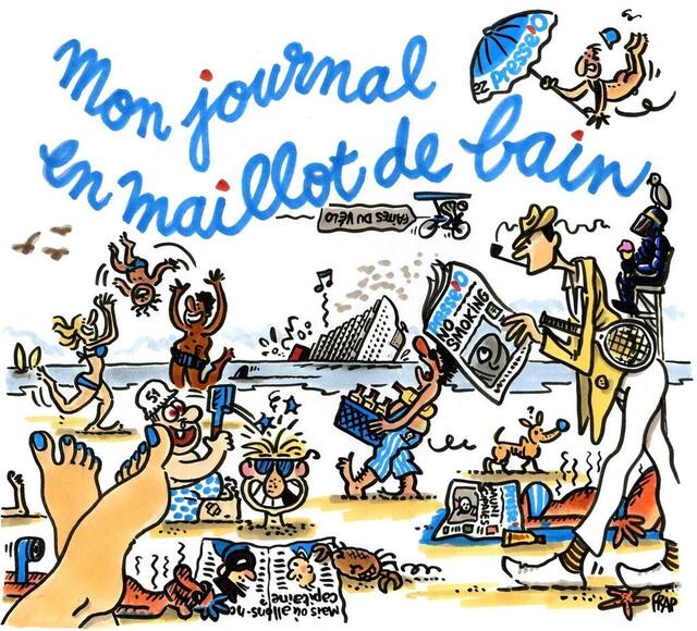 photo cet été, presse océan s’installe sur la plage, les pieds dans l’eau.  ©  dessin frap