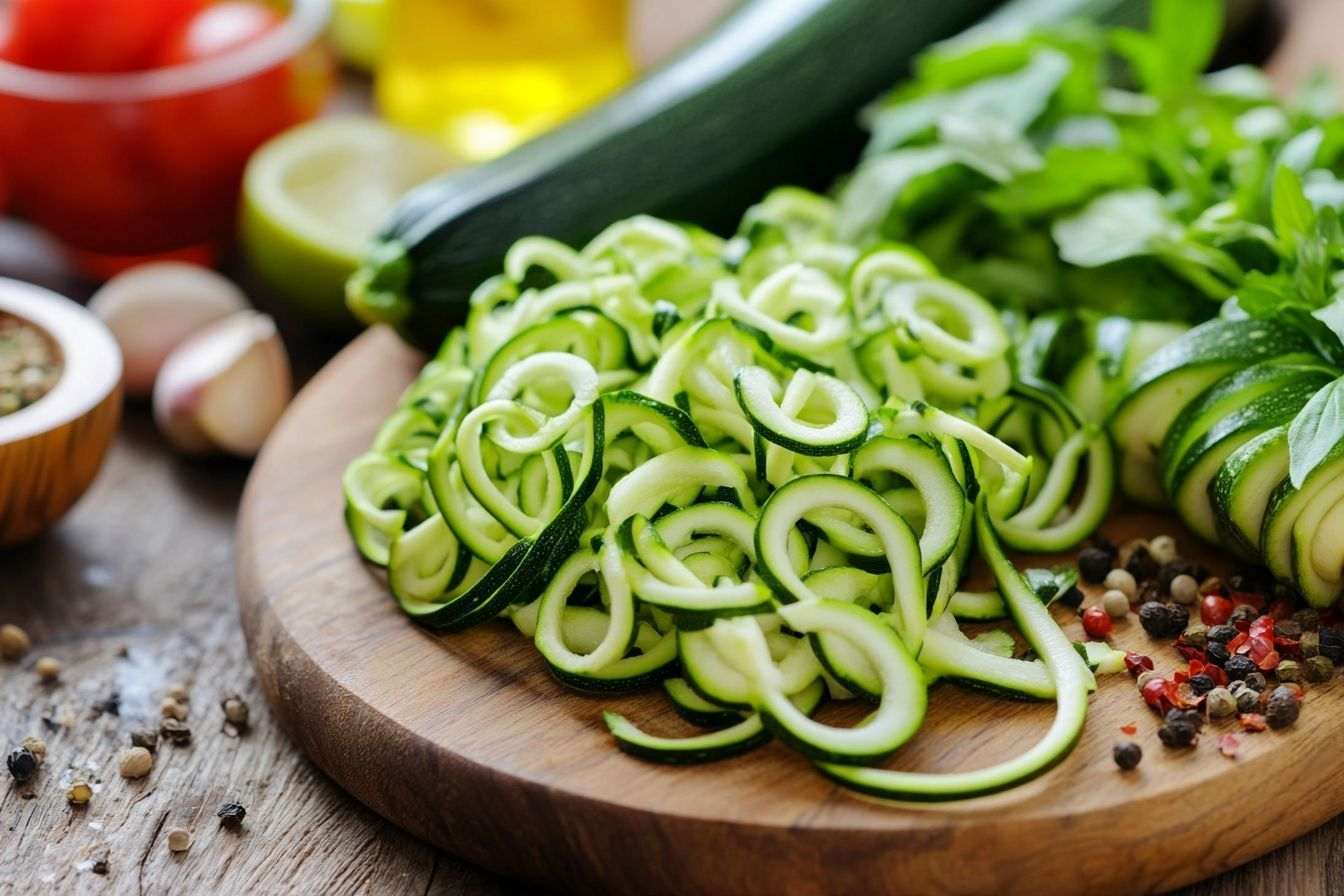 Image d'illustration. Spirales de courgette verte sur planche en bois