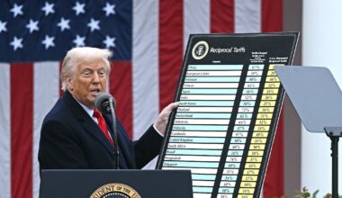 Le président américain Donald Trump tenant un tableau avec les nouveaux droits de douane visant plusieurs pays, à la Maison Blanche, à Washington, aux Etats-Unis, le 2 avril 2025