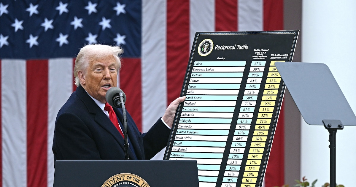 Le président américain Donald Trump tenant un tableau avec les nouveaux droits de douane visant plusieurs pays, à la Maison Blanche, à Washington, aux Etats-Unis, le 2 avril 2025
