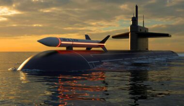 Illustration de la mise à l'eau du sous-marin nucléaire Perm, équipé du missile hypersonique Zircon, générée par intelligence artificielle.