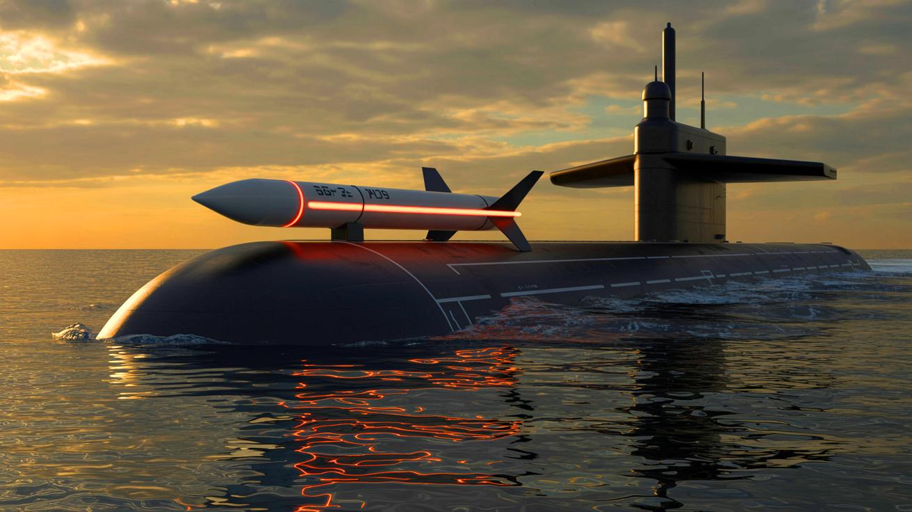 Illustration de la mise à l'eau du sous-marin nucléaire Perm, équipé du missile hypersonique Zircon, générée par intelligence artificielle.