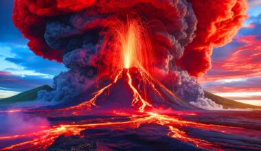 Illustration de l'éruption d'un supervolcan avec des panaches de cendres et de lave. Image réalisée par IA.