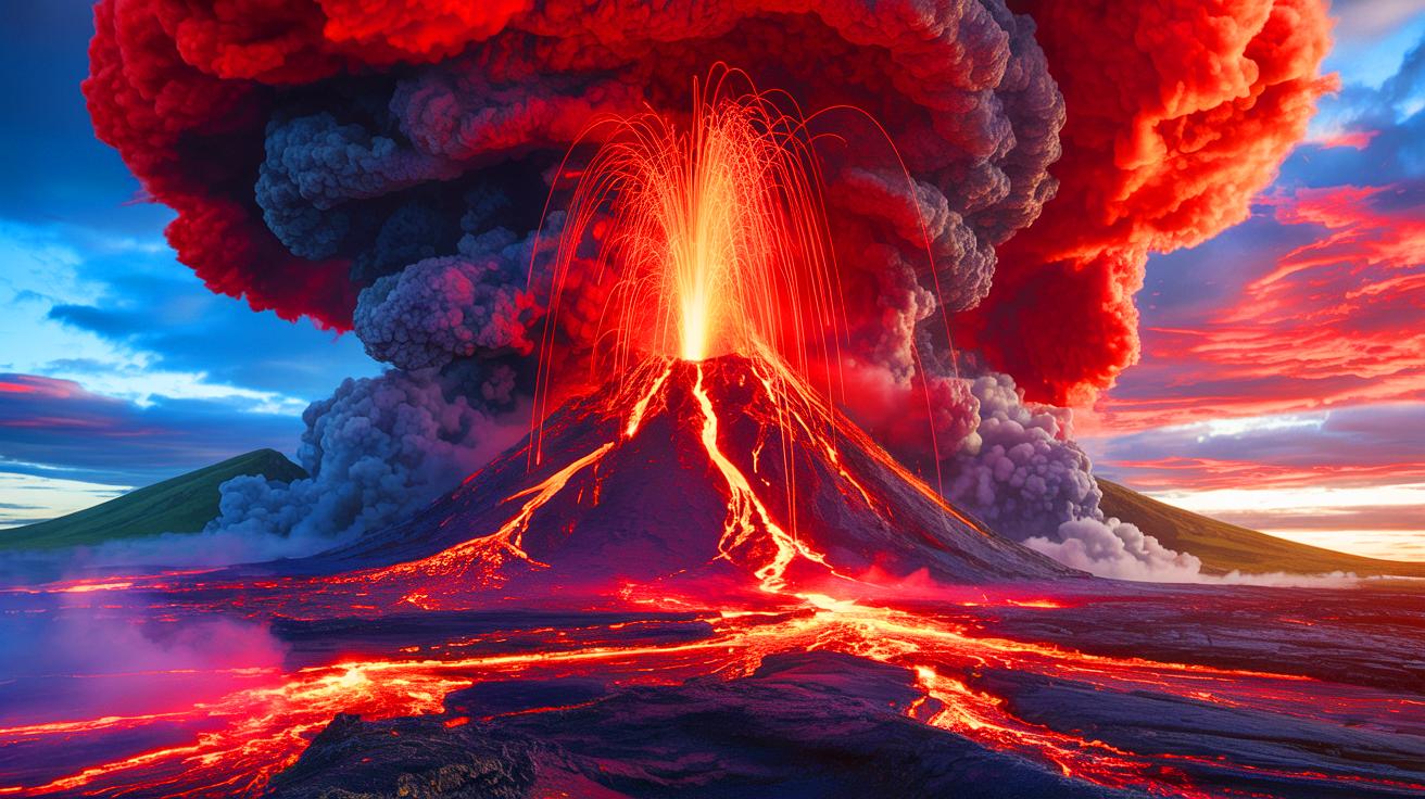 Illustration de l'éruption d'un supervolcan avec des panaches de cendres et de lave. Image réalisée par IA.