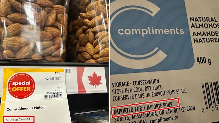 Des paquets d'amandes sur une étagère avec la mention « Fait au Canada » et on peut lire sur l'emballage que le produit est importé.