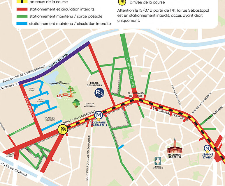 Le plan de stationnement au niveau de la zone d'arrivée du Tour de France à Toulouse.
