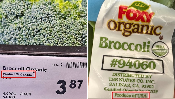 Des images de brocoli dans un magasin Sobeys. Sur l'affiche, on peut lire « Produit du Canada », alors que sur l'étiquette, c'est écrit « Produit des États-Unis ».