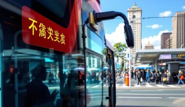 Vue latérale d'un bus avec panneau rouge et ville en arrière-plan