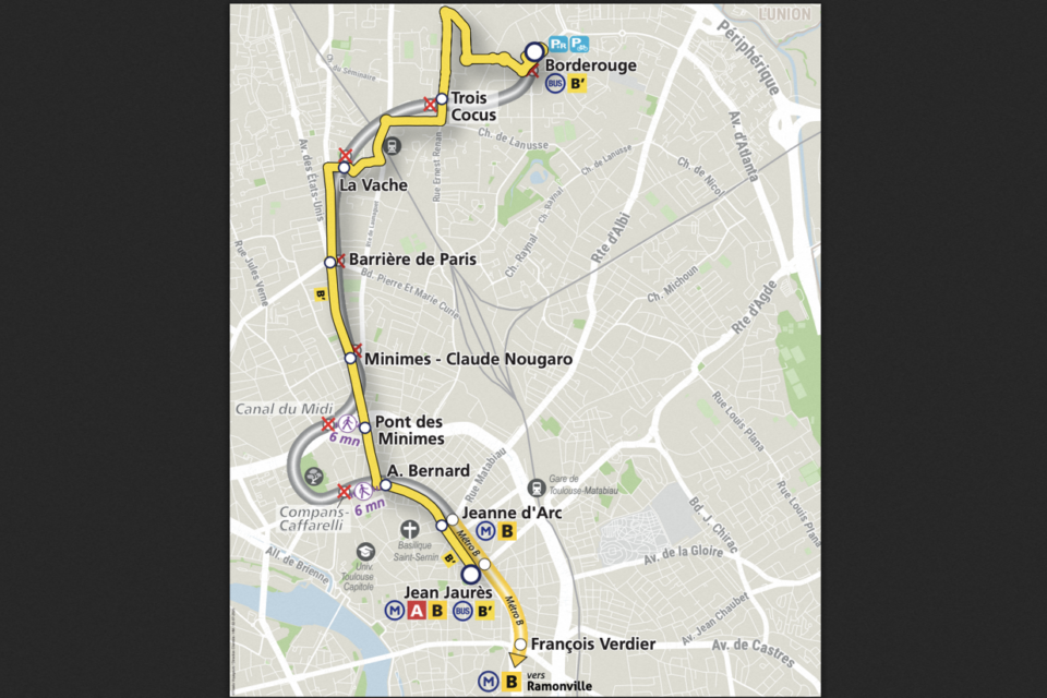 Pour anticiper les déplacements, voici le plan de la ligne B' mise en place en soirée 