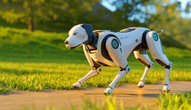 Illustration de PAWS, le robot quadrupède imitant les mouvements d'un chien, créée par intelligence artificielle.