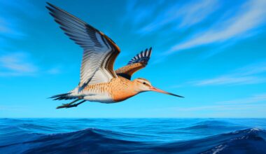 Illustration de la barge rousse effectuant son vol record de 13 560 kilomètres au-dessus du Pacifique. Image réalisée par IA.