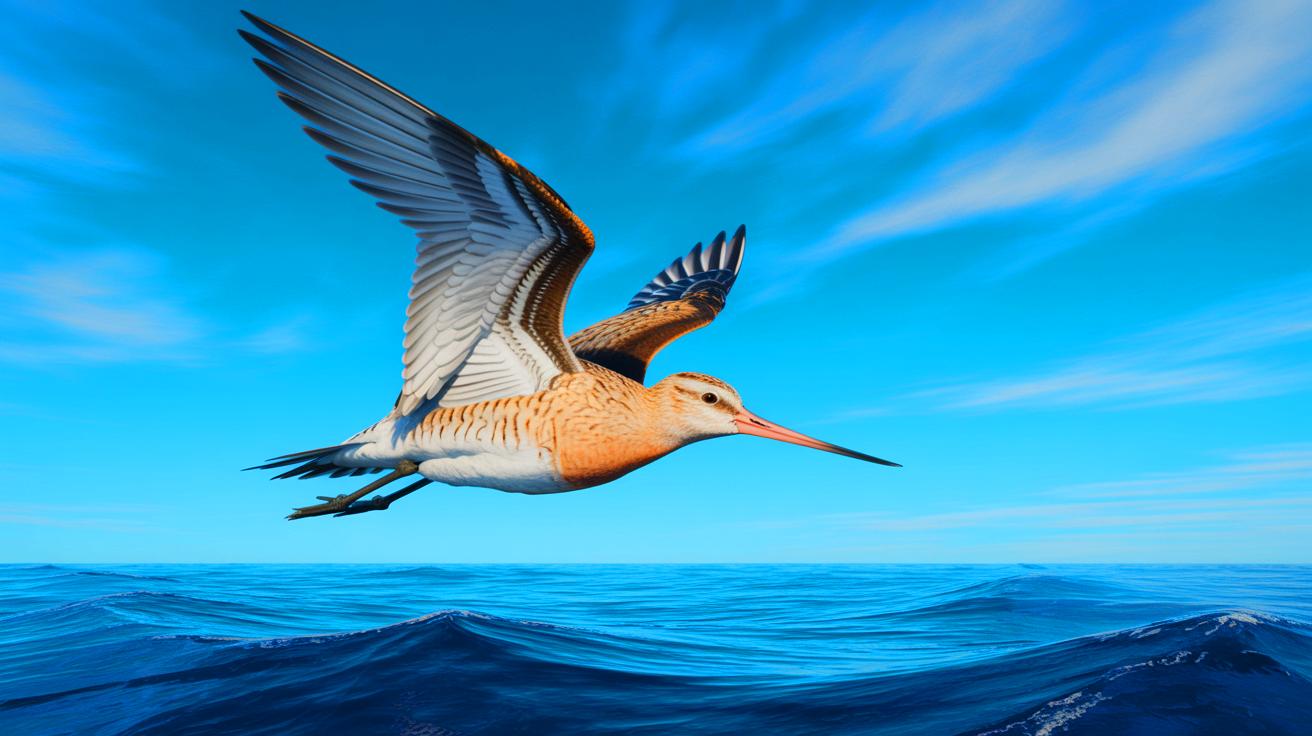 Illustration de la barge rousse effectuant son vol record de 13 560 kilomètres au-dessus du Pacifique. Image réalisée par IA.