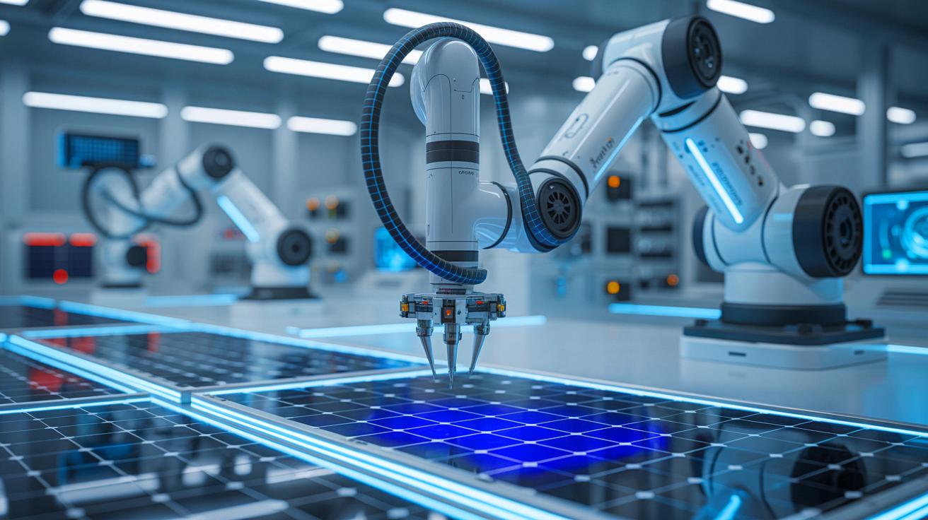 Illustration de l'innovation technologique du MIT avec un robot autonome pour la recherche de matériaux solaires, générée par intelligence artificielle.