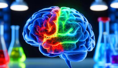 Illustration de l'interaction entre le glycogène et les protéines tau dans le cerveau, générée par intelligence artificielle.