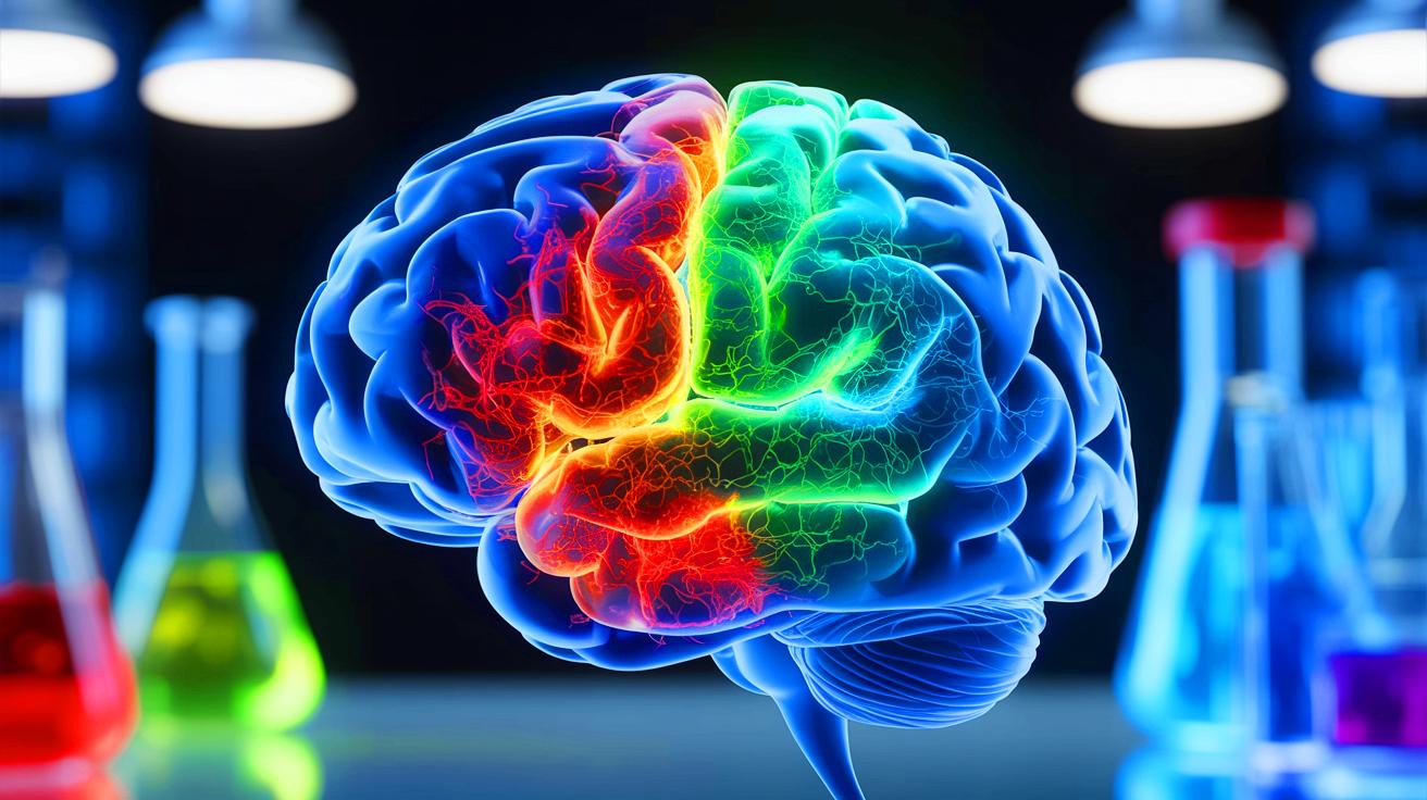 Illustration de l'interaction entre le glycogène et les protéines tau dans le cerveau, générée par intelligence artificielle.