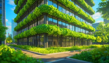 Illustration de bâtiments innovants capturant le CO₂, générée par intelligence artificielle.