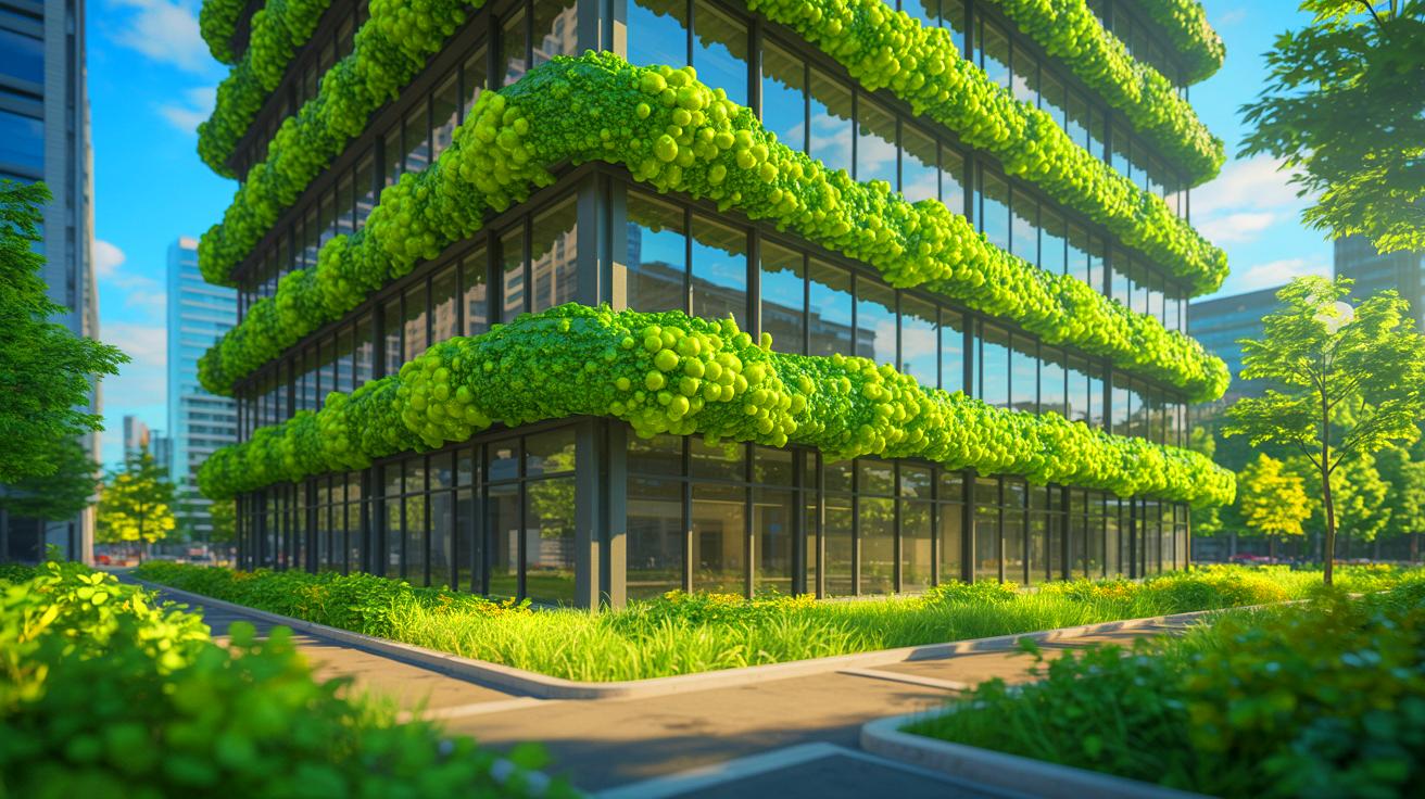 Illustration de bâtiments innovants capturant le CO₂, générée par intelligence artificielle.