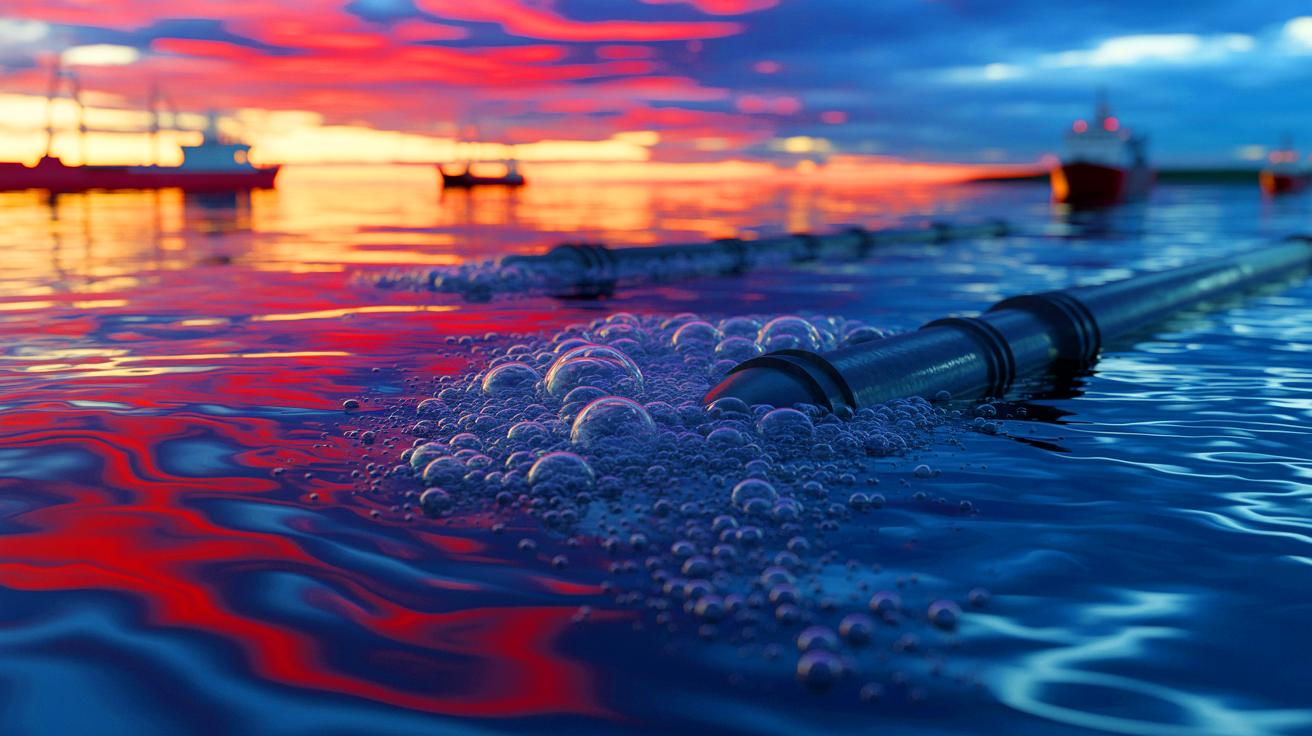 Illustration de l'impact des fuites de gazoducs Nord Stream sur la dispersion du méthane dans la mer Baltique, générée par intelligence artificielle.