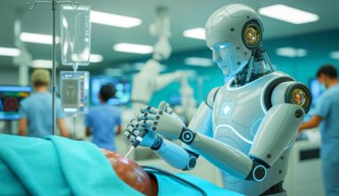 Illustration d'un robot humanoïde effectuant une procédure médicale, générée par intelligence artificielle.