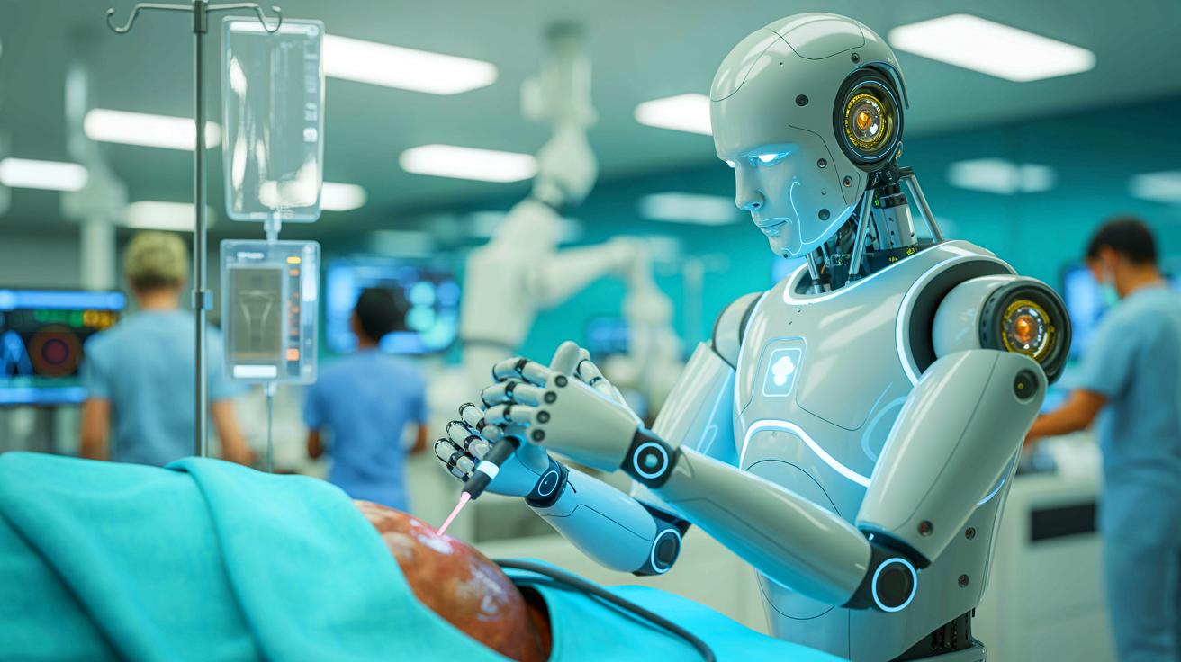 Illustration d'un robot humanoïde effectuant une procédure médicale, générée par intelligence artificielle.