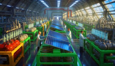 Illustration de la transformation de panneaux solaires usagés en composés chimiques précieux, générée par intelligence artificielle.