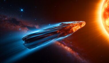 Illustration de l'objet interstellaire 3I/ATLAS traversant notre système solaire, créée par intelligence artificielle.