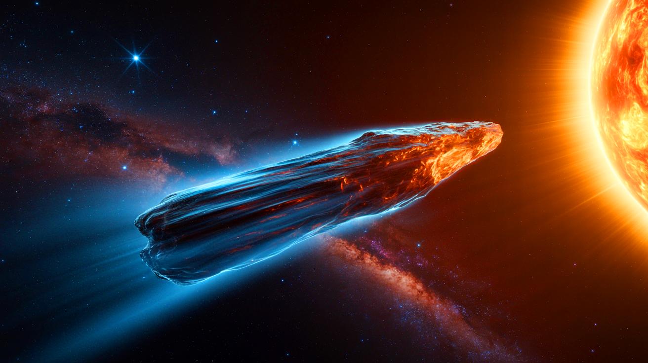 Illustration de l'objet interstellaire 3I/ATLAS traversant notre système solaire, créée par intelligence artificielle.