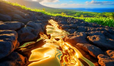 Illustration de la découverte d'un gisement d'or titanesque à Hawaï, créée par intelligence artificielle.