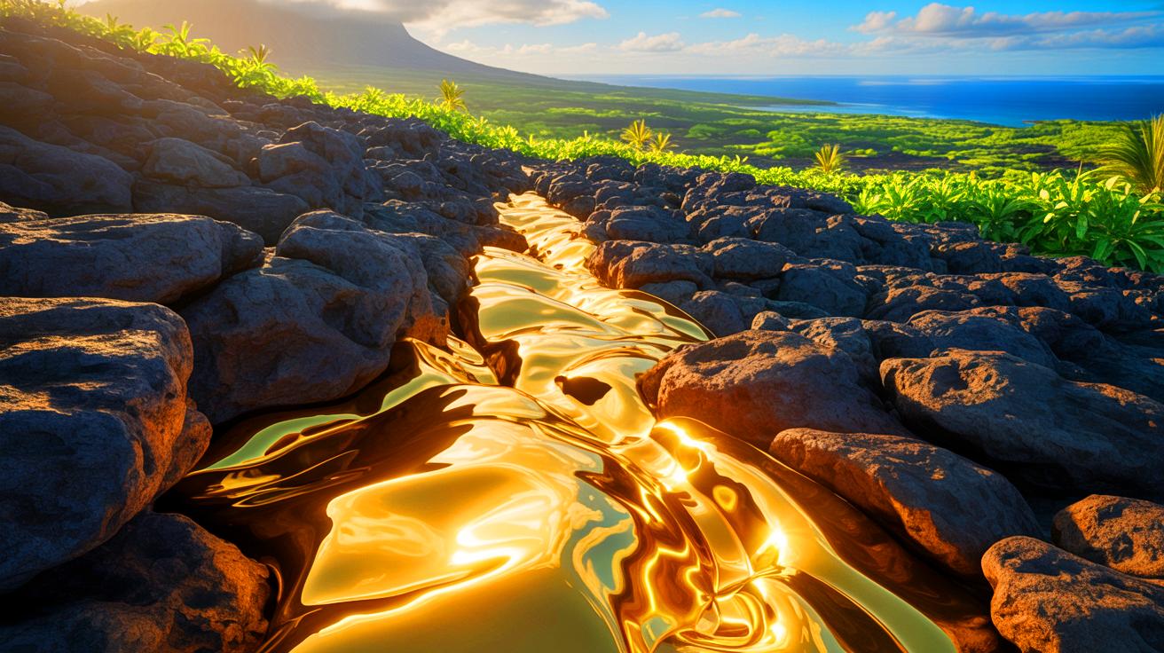 Illustration de la découverte d'un gisement d'or titanesque à Hawaï, créée par intelligence artificielle.