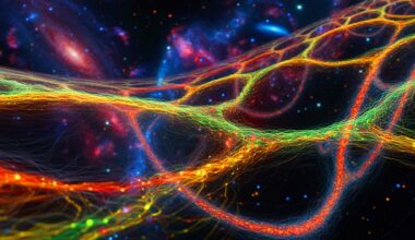 Illustration de la découverte de la matière baryonique manquante dans le milieu intergalactique. Image réalisée par IA.