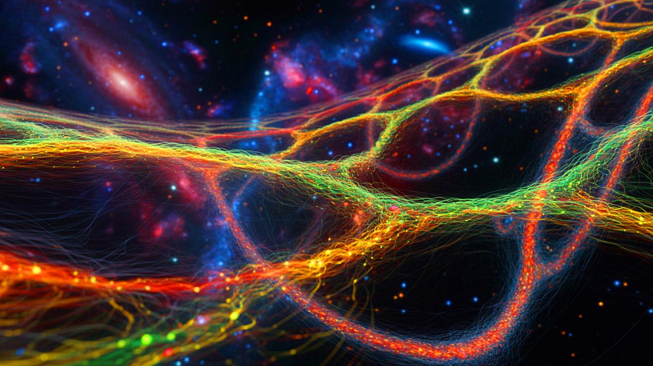 Illustration de la découverte de la matière baryonique manquante dans le milieu intergalactique. Image réalisée par IA.