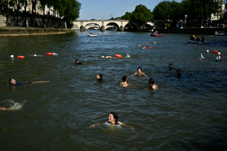 Des riverains nagent dans la Seine, le 17 juillet 2024 ( AFP / JULIEN DE ROSA )
