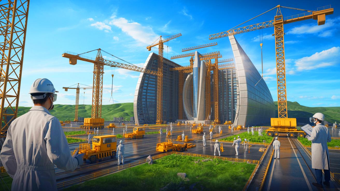 Illustration de la construction d'un immense centre de fusion nucléaire en Chine, générée par intelligence artificielle.