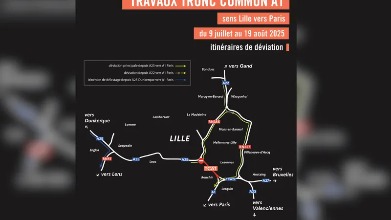 Les travaux sur l'autoroute A1 du 9 juillet au 19 août à Lille. 