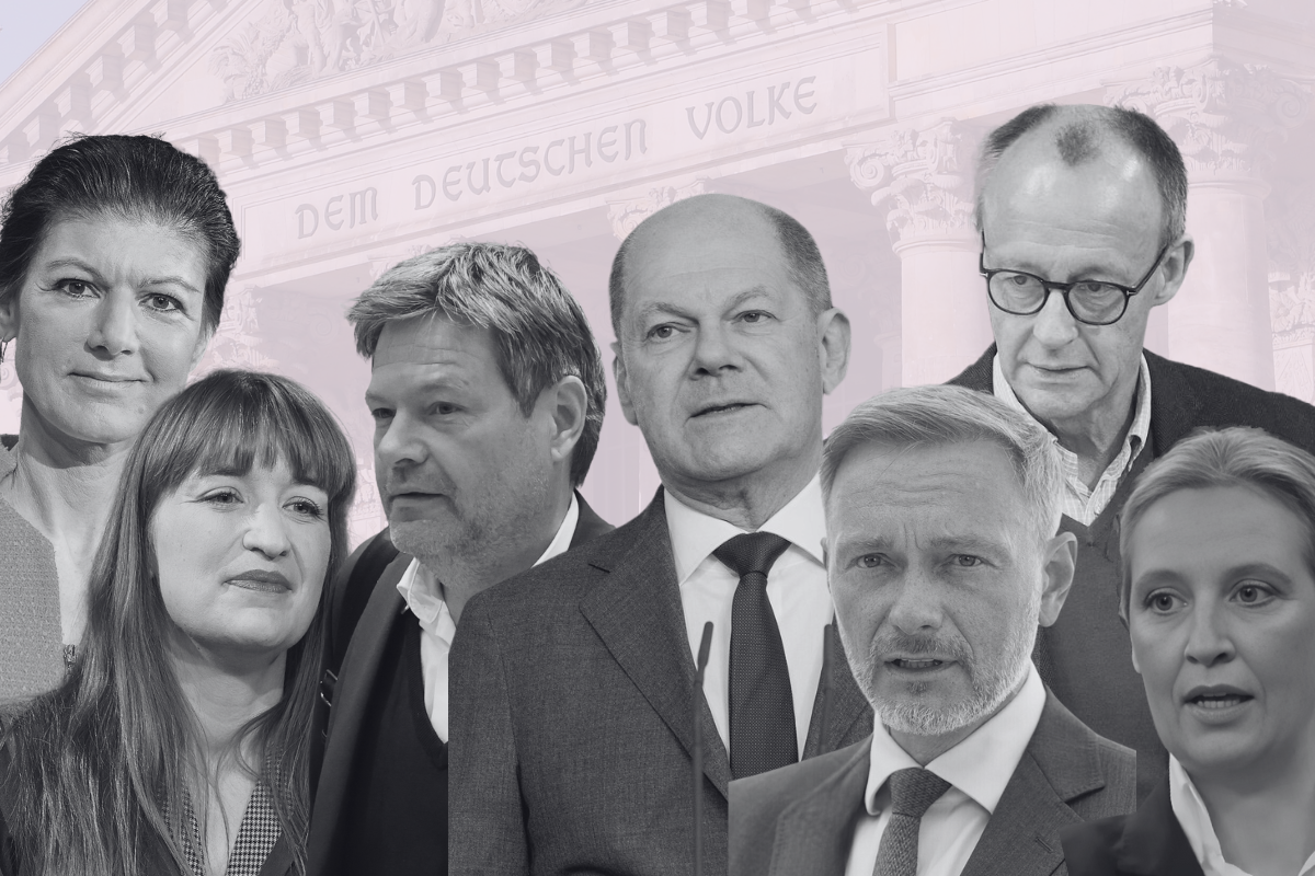 Sarah Wagenknecht, Heidi Reichinnek, Robert Habeck, Olaf Scholz, Christian Lindner, Friedrich Merz, Alice Weidel (de gauche à droite) - Crédits : Wikipedia CC BY-SA 4.0