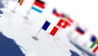 France flag in the focus. Europe map with countries flags