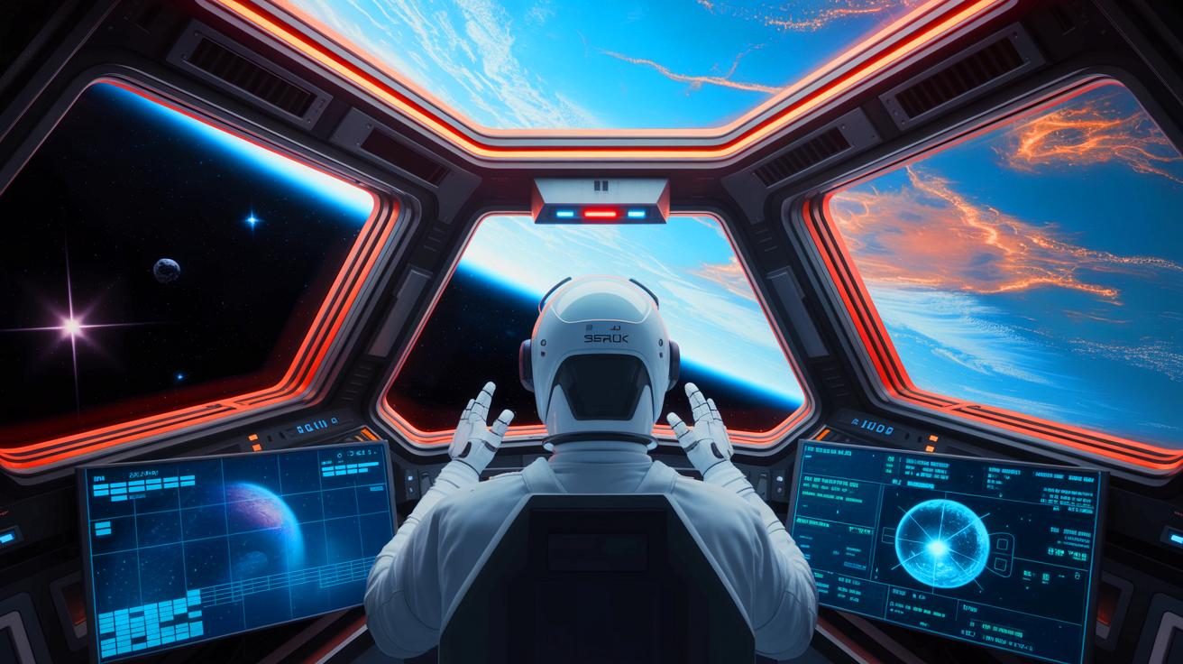 Illustration de ChatGPT pilotant un vaisseau spatial, créée par intelligence artificielle.