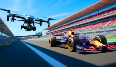 Illustration de la nouvelle F1 Oracle Red Bull Racing RB20 suivie par un drone-caméra, générée par intelligence artificielle.