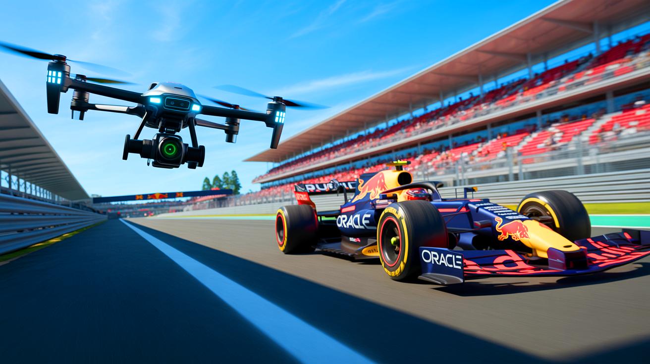 Illustration de la nouvelle F1 Oracle Red Bull Racing RB20 suivie par un drone-caméra, générée par intelligence artificielle.