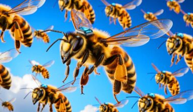 Illustration de l'utilisation de puces cérébrales pour contrôler les abeilles, générée par intelligence artificielle.