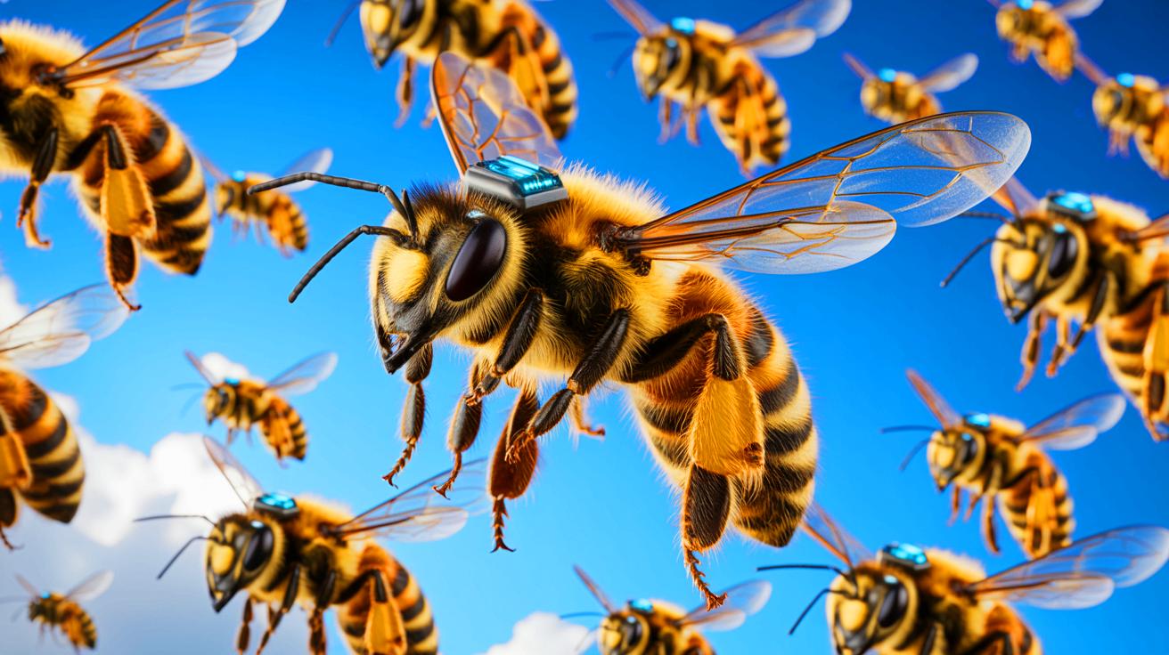 Illustration de l'utilisation de puces cérébrales pour contrôler les abeilles, générée par intelligence artificielle.