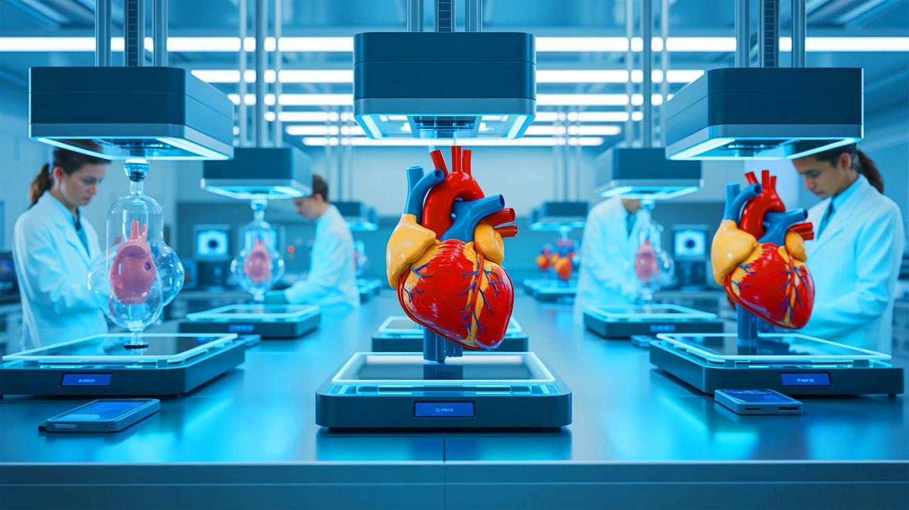 Illustration de la bio-impression 3D d'organes humains. Image réalisée par IA.
