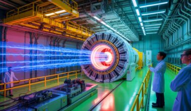 Illustration de la production du faisceau d'électrons le plus puissant par le SLAC National Accelerator Laboratory, générée par intelligence artificielle.