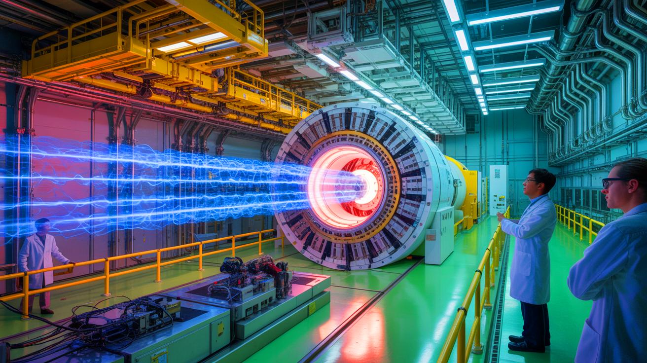 Illustration de la production du faisceau d'électrons le plus puissant par le SLAC National Accelerator Laboratory, générée par intelligence artificielle.