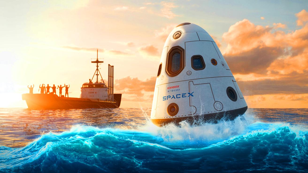 Illustration de SpaceX Dragon ramenant du matériel scientifique de l'ISS, générée par intelligence artificielle.