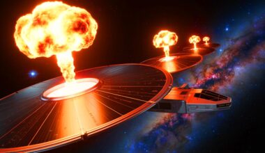 Illustration de l'utilisation hypothétique d'explosions nucléaires et d'une voile solaire pour propulser une sonde spatiale, générée par intelligence artificielle.