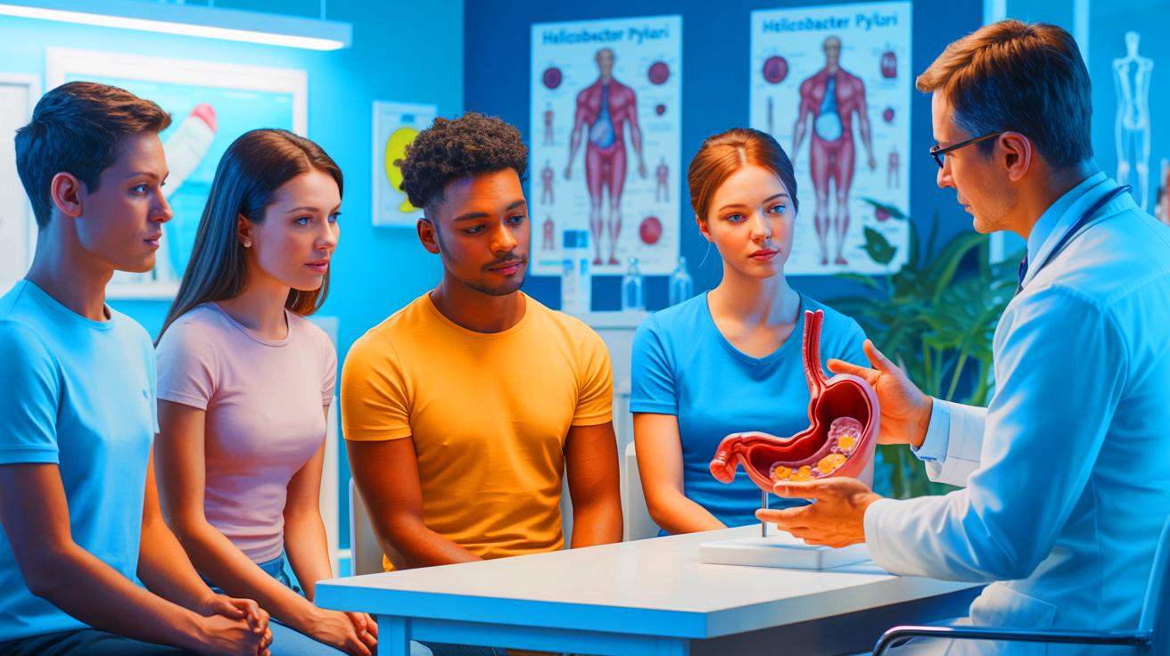 Illustration de la prévention du cancer de l'estomac par le dépistage et le traitement de l'infection à Helicobacter pylori, générée par intelligence artificielle.